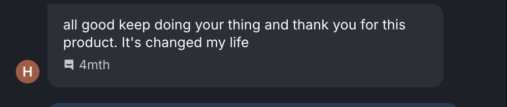 Screenshot of the original message from Hello Ocóyái: "all good keep doing your thing and thank you for this product. It's changed my life"